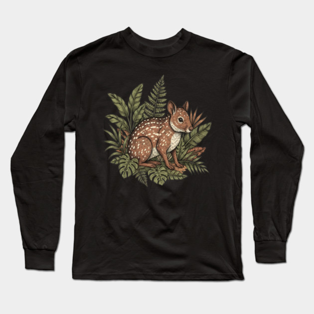 Paca with Jungle Ferns and Tropical Leaves Long Sleeve T-Shirt by BirdsnStuff