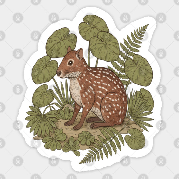 Paca with Ferns and Tropical Ground Leaves Sticker by BirdsnStuff