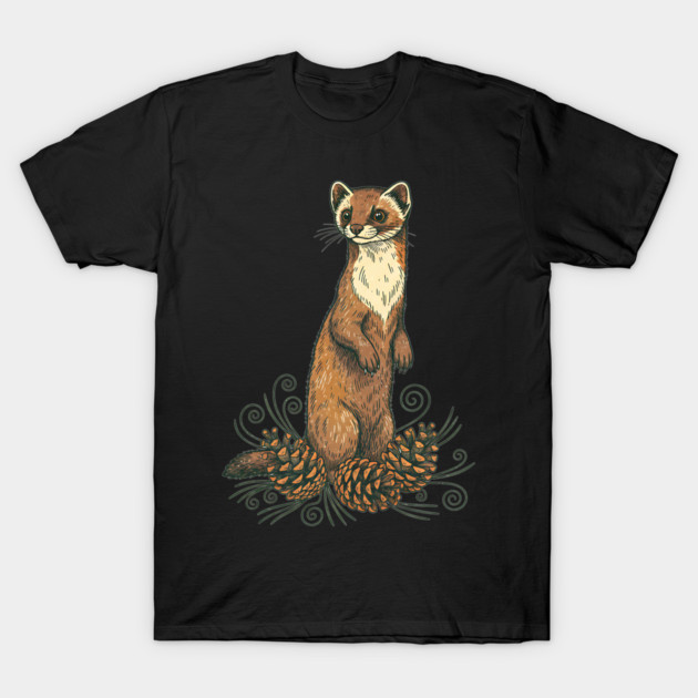 Pine Marten with Fallen Forest Cones T-Shirt by BirdsnStuff
