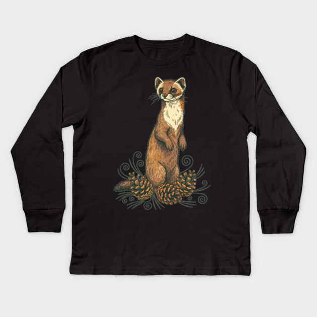 Pine Marten with Fallen Forest Cones Kids Long Sleeve T-Shirt by BirdsnStuff