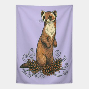 Pine Marten with Fallen Forest Cones Tapestry
