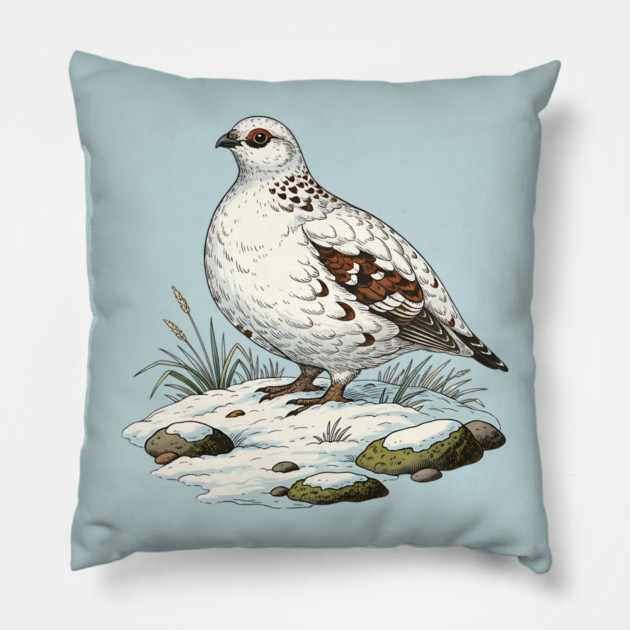 Ptarmigan on Snowy Ground with Winter Grass Pillow by BirdsnStuff