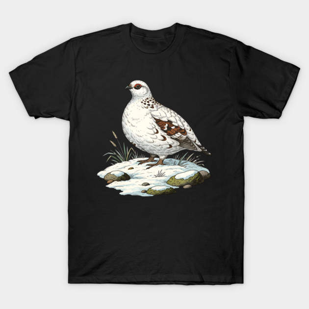 Ptarmigan on Snowy Ground with Winter Grass T-Shirt by BirdsnStuff