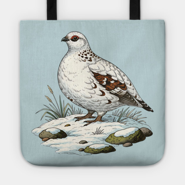 Ptarmigan on Snowy Ground with Winter Grass Tote by BirdsnStuff