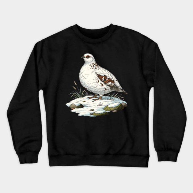 Ptarmigan on Snowy Ground with Winter Grass Crewneck Sweatshirt by BirdsnStuff