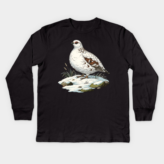 Ptarmigan on Snowy Ground with Winter Grass Kids Long Sleeve T-Shirt by BirdsnStuff