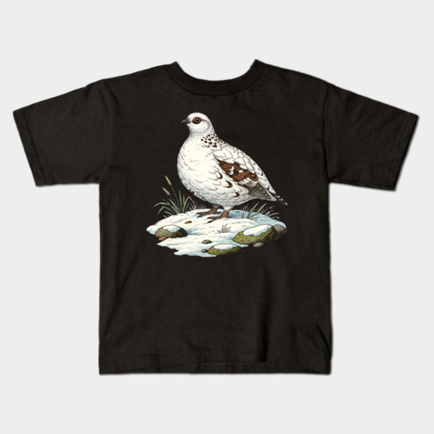 Ptarmigan on Snowy Ground with Winter Grass Kids T-Shirt by BirdsnStuff