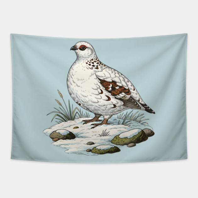 Ptarmigan on Snowy Ground with Winter Grass Tapestry by BirdsnStuff
