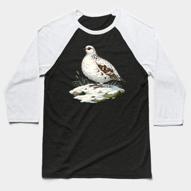 Ptarmigan on Snowy Ground with Winter Grass Baseball T-Shirt by BirdsnStuff