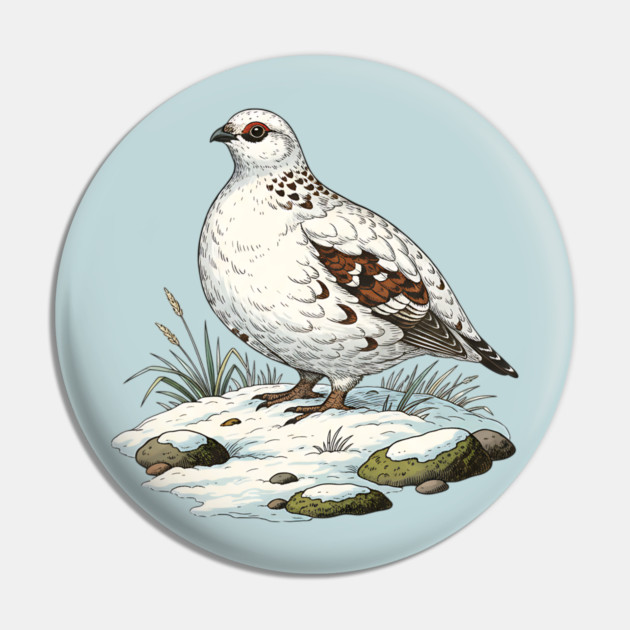 Ptarmigan on Snowy Ground with Winter Grass Pin by BirdsnStuff