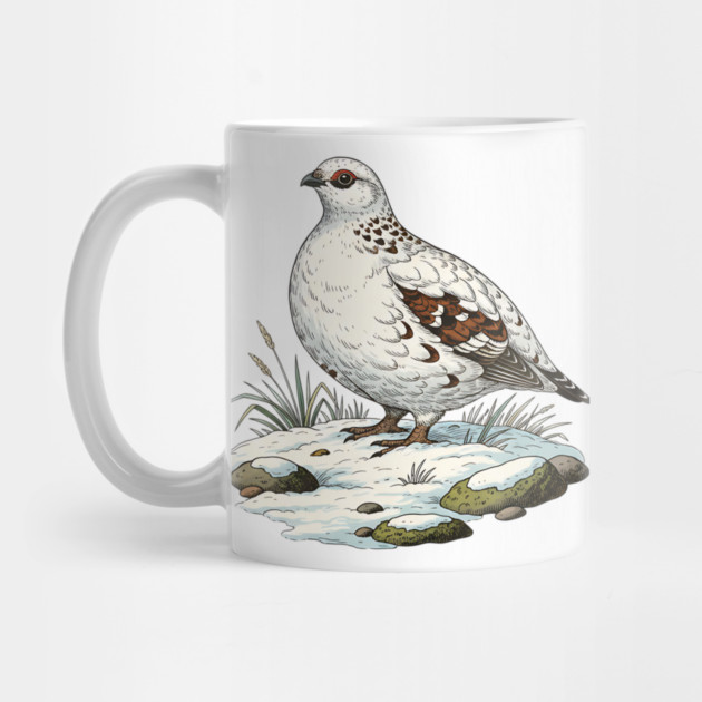 Ptarmigan on Snowy Ground with Winter Grass by BirdsnStuff