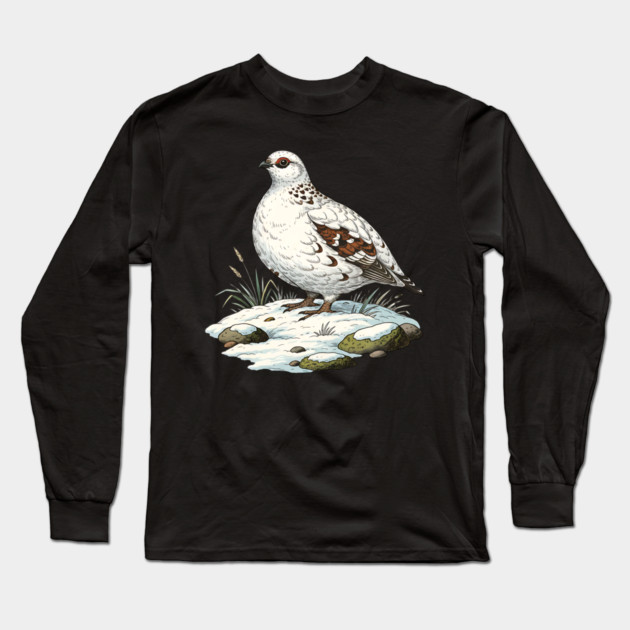 Ptarmigan on Snowy Ground with Winter Grass Long Sleeve T-Shirt by BirdsnStuff