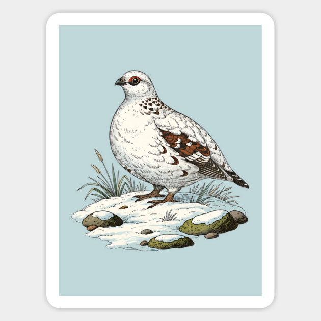 Ptarmigan on Snowy Ground with Winter Grass Magnet by BirdsnStuff