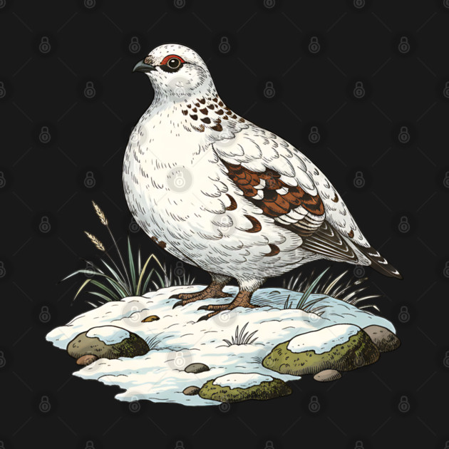 Ptarmigan on Snowy Ground with Winter Grass by BirdsnStuff