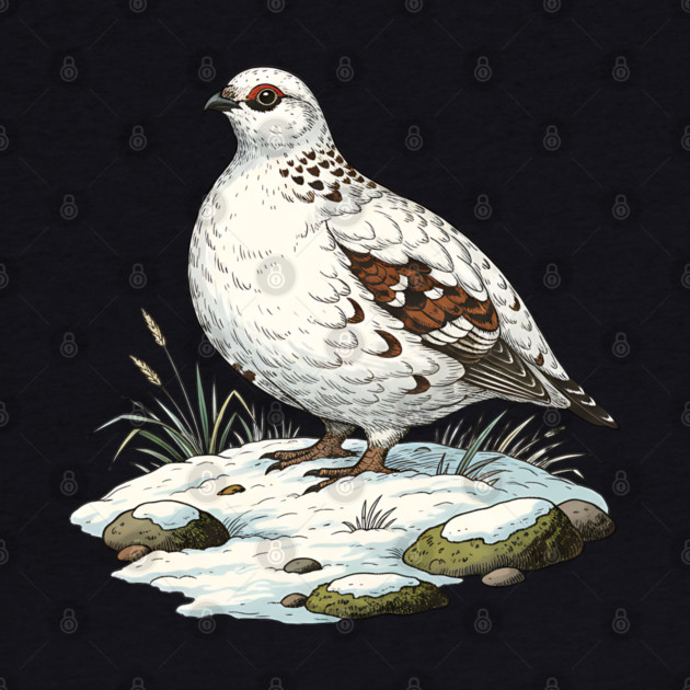 Ptarmigan on Snowy Ground with Winter Grass by BirdsnStuff