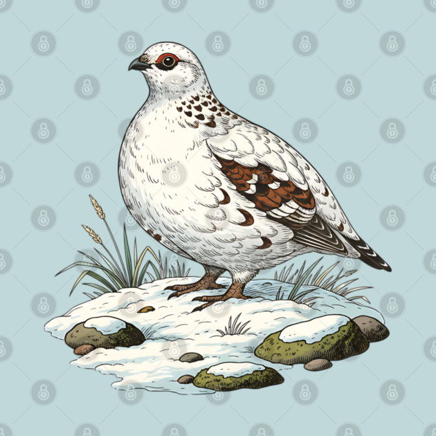 Ptarmigan on Snowy Ground with Winter Grass by BirdsnStuff