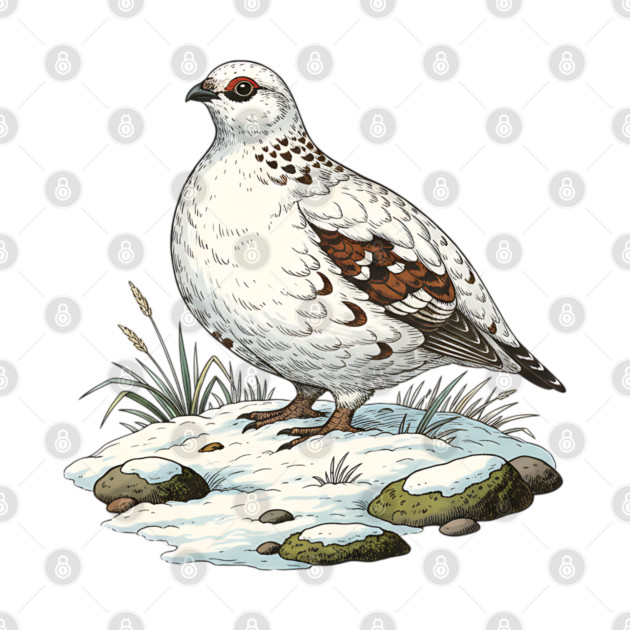 Ptarmigan on Snowy Ground with Winter Grass by BirdsnStuff