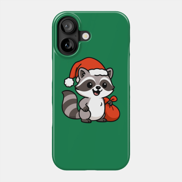 Cute Christmas Raccoon Santa with Hat and Gift Bag – Holiday Kawaii Raccoon Phone Case by DonWillisJrArt