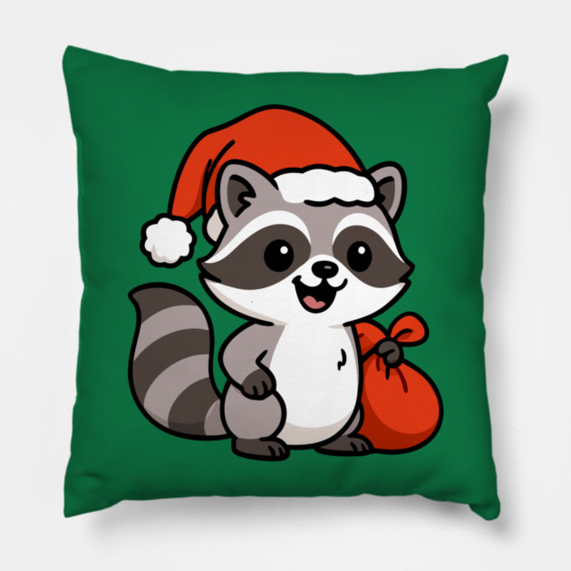 Cute Christmas Raccoon Santa with Hat and Gift Bag – Holiday Kawaii Raccoon Pillow by DonWillisJrArt