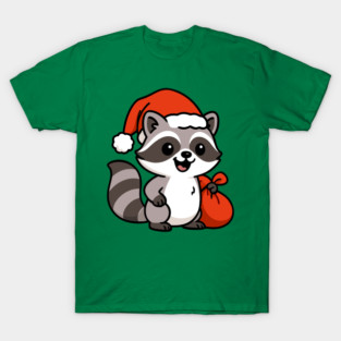 Cute Christmas Raccoon Santa with Hat and Gift Bag – Holiday Kawaii Raccoon T-Shirt
