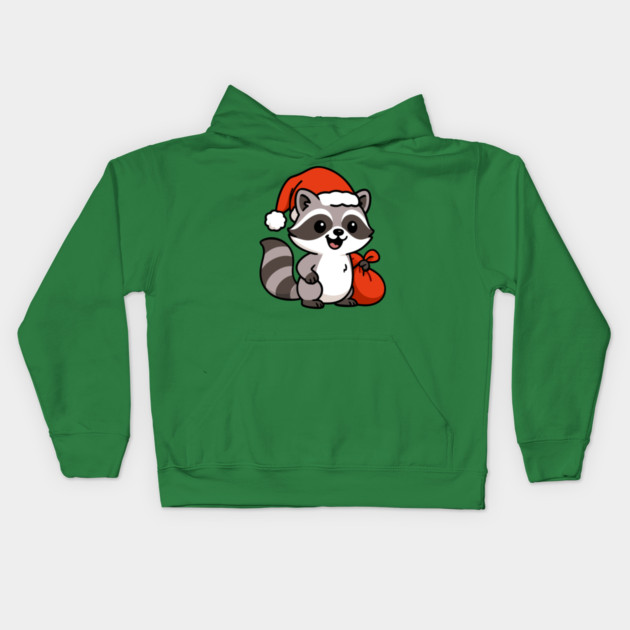 Cute Christmas Raccoon Santa with Hat and Gift Bag – Holiday Kawaii Raccoon Kids Hoodie by DonWillisJrArt
