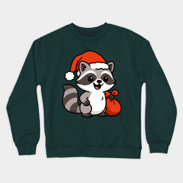 Cute Christmas Raccoon Santa with Hat and Gift Bag – Holiday Kawaii Raccoon Crewneck Sweatshirt by DonWillisJrArt