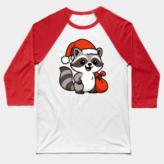 Cute Christmas Raccoon Santa with Hat and Gift Bag – Holiday Kawaii Raccoon Baseball T-Shirt by DonWillisJrArt