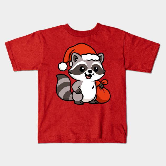 Cute Christmas Raccoon Santa with Hat and Gift Bag – Holiday Kawaii Raccoon Kids T-Shirt by DonWillisJrArt