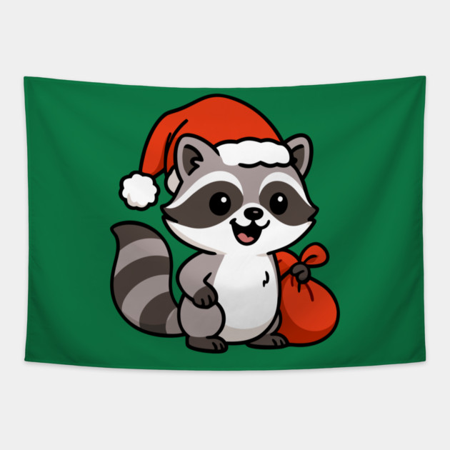 Cute Christmas Raccoon Santa with Hat and Gift Bag – Holiday Kawaii Raccoon Tapestry by DonWillisJrArt