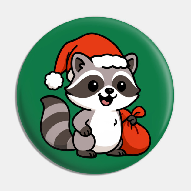 Cute Christmas Raccoon Santa with Hat and Gift Bag – Holiday Kawaii Raccoon Pin by DonWillisJrArt