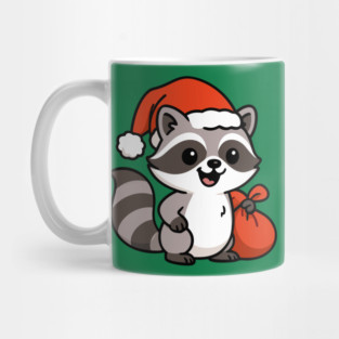 Cute Christmas Raccoon Santa with Hat and Gift Bag – Holiday Kawaii Raccoon Mug