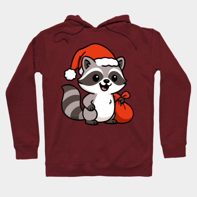 Cute Christmas Raccoon Santa with Hat and Gift Bag – Holiday Kawaii Raccoon Hoodie by DonWillisJrArt