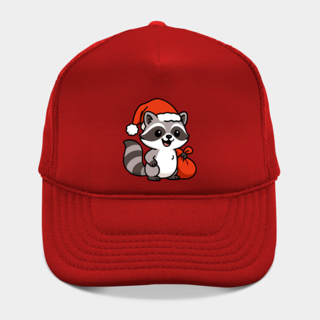Cute Christmas Raccoon Santa with Hat and Gift Bag – Holiday Kawaii Raccoon by DonWillisJrArt