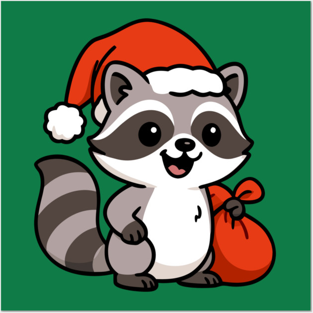 Cute Christmas Raccoon Santa with Hat and Gift Bag – Holiday Kawaii Raccoon Wall Art by DonWillisJrArt