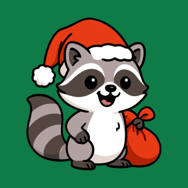 Cute Christmas Raccoon Santa with Hat and Gift Bag – Holiday Kawaii Raccoon by DonWillisJrArt