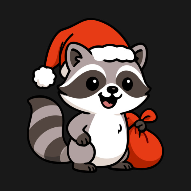 Cute Christmas Raccoon Santa with Hat and Gift Bag – Holiday Kawaii Raccoon by DonWillisJrArt