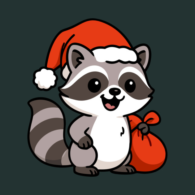 Cute Christmas Raccoon Santa with Hat and Gift Bag – Holiday Kawaii Raccoon by DonWillisJrArt