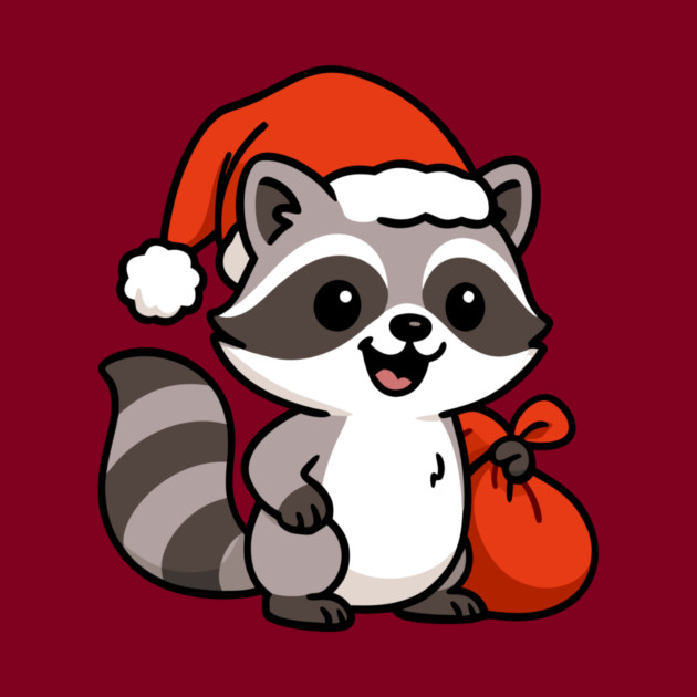 Cute Christmas Raccoon Santa with Hat and Gift Bag – Holiday Kawaii Raccoon by DonWillisJrArt