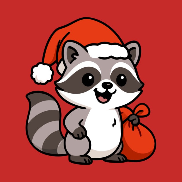 Cute Christmas Raccoon Santa with Hat and Gift Bag – Holiday Kawaii Raccoon by DonWillisJrArt