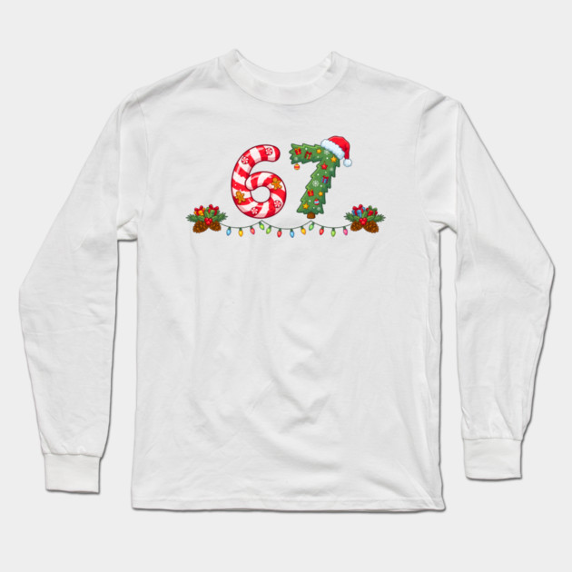 Festive 67 with Candy Cane and Christmas Tree Long Sleeve T-Shirt by Creatifly Graphic Tees