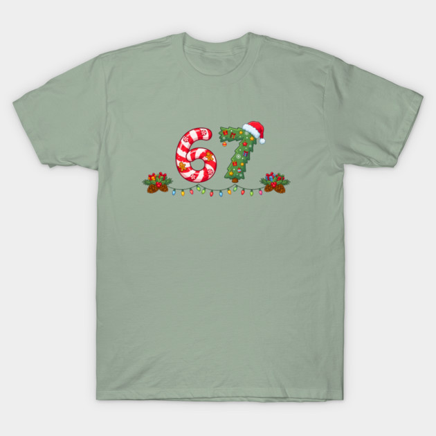 Festive 67 with Candy Cane and Christmas Tree T-Shirt by Creatifly Graphic Tees