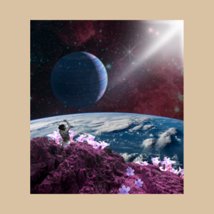 Lady with arms raised in space collage T-Shirt