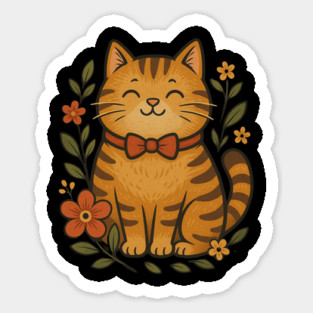 Cute Smiling Orange Cat With Flowers – Floral Kitty Illustration Sticker