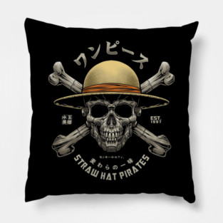 One Piece Luffy Straw Hat Jolly Roger Detailed Mechanical Skull Art Pillow
