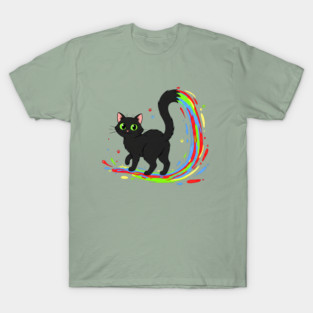 Color Splash Black Cat – Cute Rainbow Tail Cartoon T-Shirt