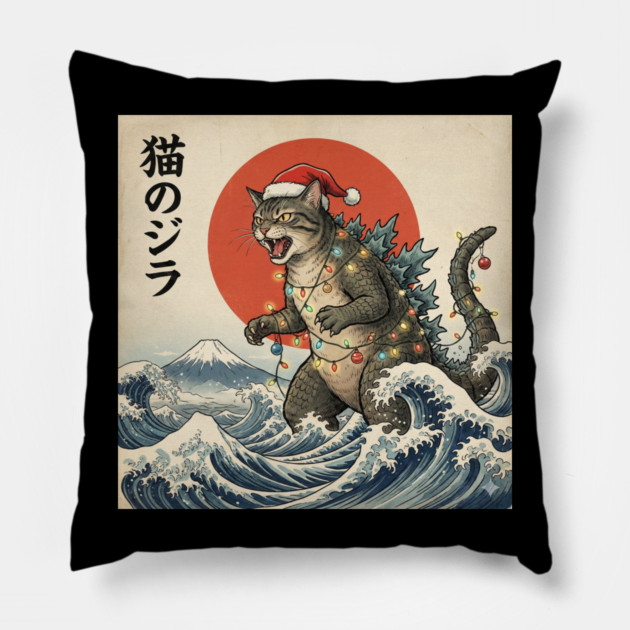 Catzilla Cat Christmas Japanese Pillow by Creatifly Graphic Tees