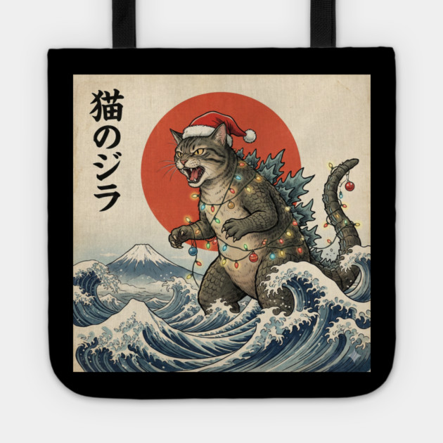 Catzilla Cat Christmas Japanese Tote by Creatifly Graphic Tees