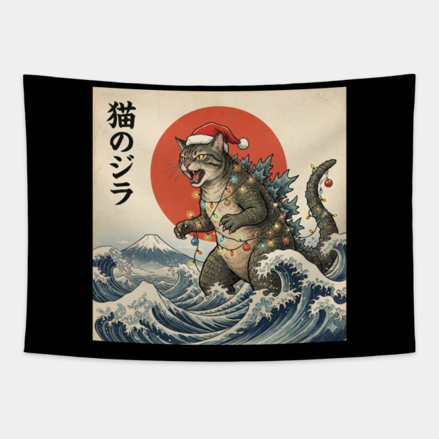 Catzilla Cat Christmas Japanese Tapestry by Creatifly Graphic Tees
