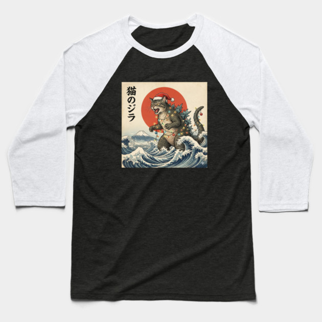 Catzilla Cat Christmas Japanese Baseball T-Shirt by Creatifly Graphic Tees