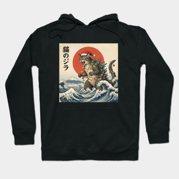 Catzilla Cat Christmas Japanese Hoodie by Creatifly Graphic Tees